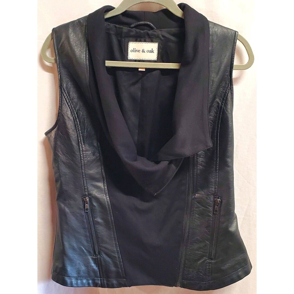 Olive & Oak Black faux leather cowl neck off center zip up pockets Moto vest M